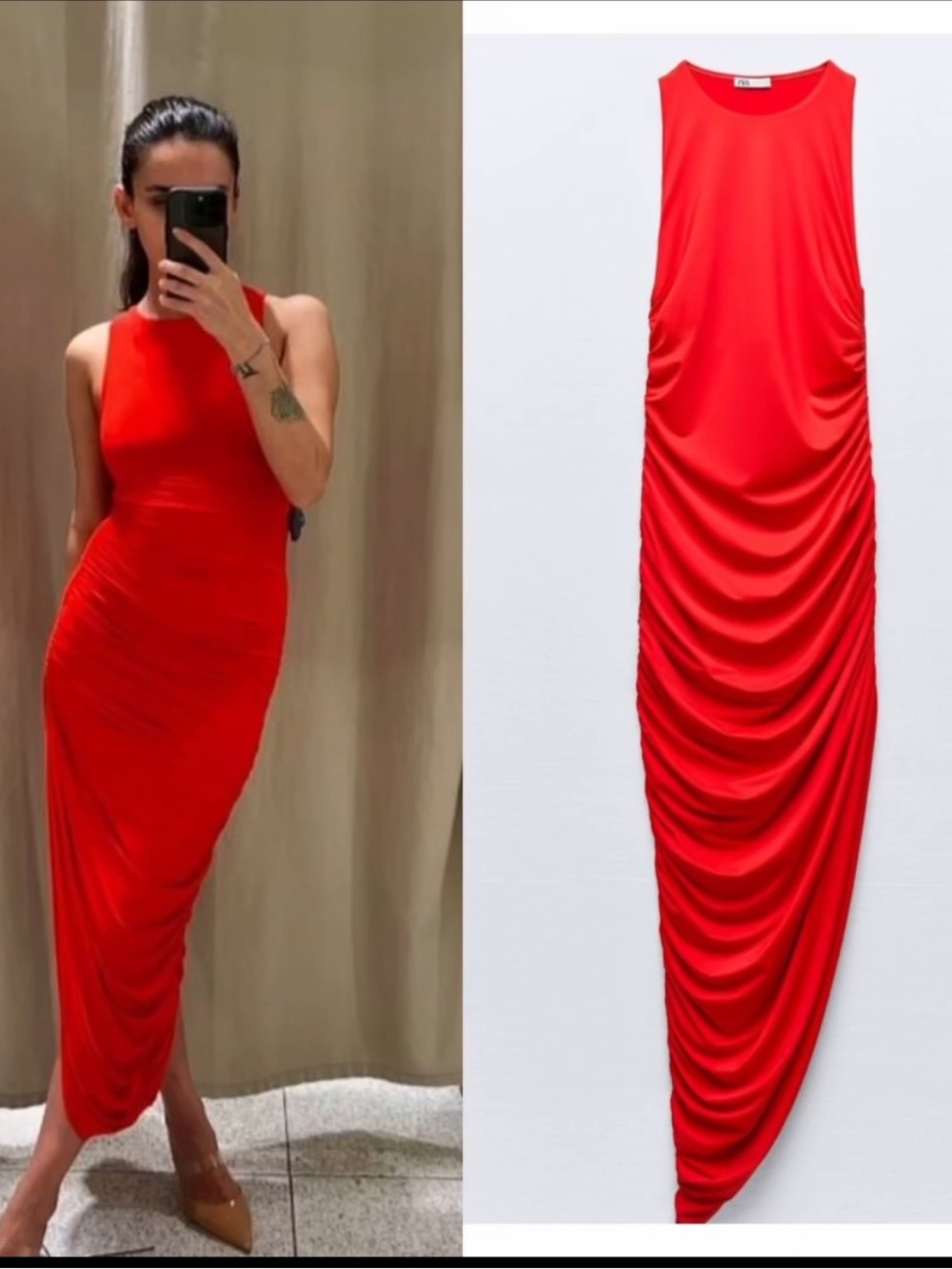 Zara Red Sleeveless Asymmetrical Ruched Midi Dress